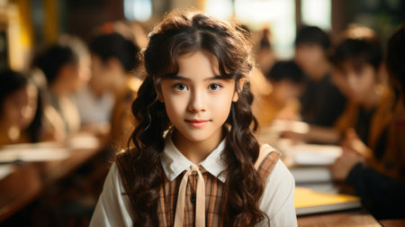 Portrait of cute multiethnic schoolgirl with long wavy hair looking at camera in classroom. Generative AI.の素材