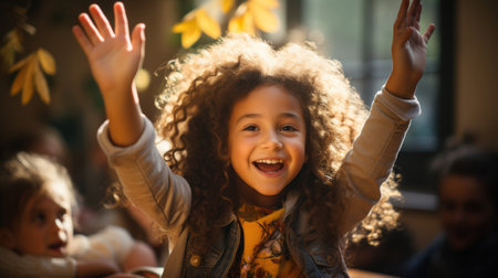 Little girl with curly hair having fun in school. She is raising her hands up. Generative AI.の素材