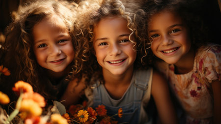 Close-up portrait of a group of three smiling little girls looking at camera. Generative AI.の素材