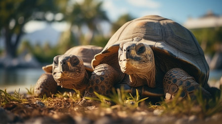 African spurred tortoise (Geochelone sulcata), also known as the African giant tortoise. Generative AI.の素材
