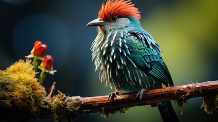 Red-headed turquoise bird in the rainforest of Costa Rica. Generative AI.の素材
