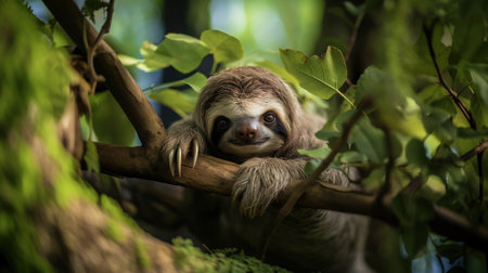 Baby sloth hanging on a tree branch in the rainforest. Generative AI.の素材