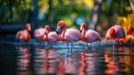 Group of pink flamingos in the water. Selective focus. Generative AI.の素材