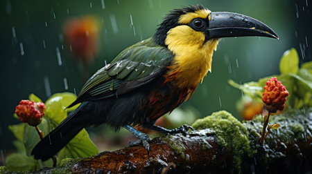 Toucan perched on a branch with raindrops falling on it. Generative AI.の素材