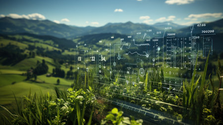 Digital composite of IOT interface against green field and mountains in background. Generative AI.の素材