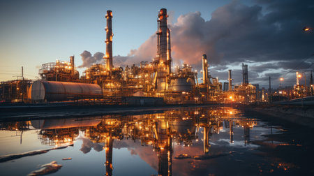 Refinery plant at sunset. Oil and gas industry. Generative AI.の素材