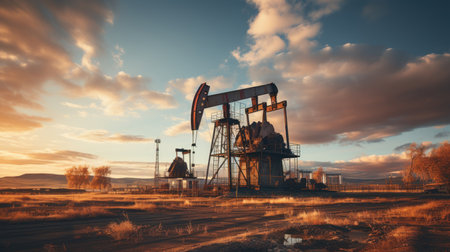 Oil pump in the field at sunset. Oil industry. Generative AI.の素材