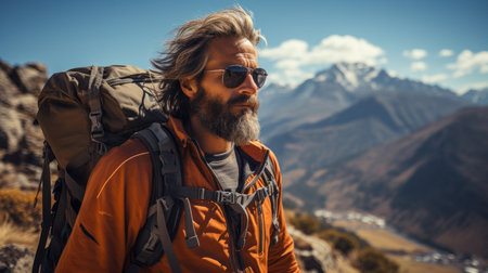 Handsome man hiking in Himalayas. Beard man with backpack and sunglasses on the trekking trail.の素材