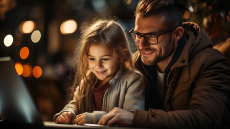 Happy hipster father and daughter with laptop computer at night.の素材