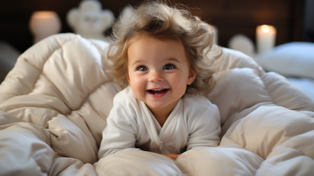 Cute baby girl with curly hair lying on bed at home.の素材