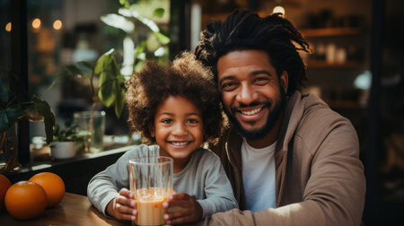 Cheerful african american father and daughter drinking juice in kitchen.の素材