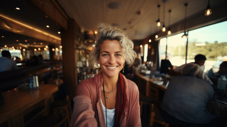 Portrait of smiling middle age woman taking selfie with mobile phone while sitting in cafe.の素材