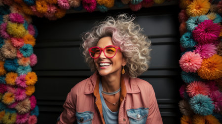 Portrait of a beautiful middle aged woman with curly hair wearing sunglasses and posing in front of flower frame.の素材
