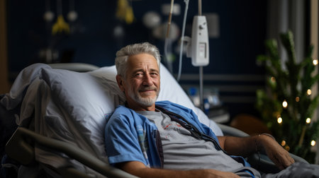 Portrait of a senior man lying in hospital bed and looking at camera.の素材