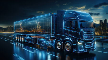 Autonomous semi truck with cargo trailer drives with sensors scanning surrounding on the road with cityscape background.の素材