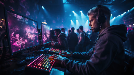 Team of professional esport gamers playing in video games on cyber tournament.の素材