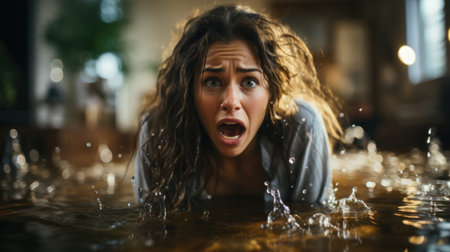 Portrait of a shocked young woman in flooded house.の素材