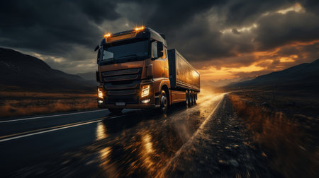 Truck on the road at evening road after rain.の素材