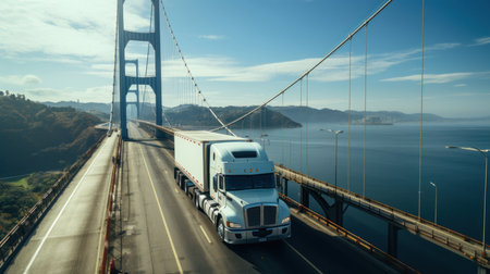 A big rig semi truck crosses the Golden Gate Bridge in San Francisco.の素材