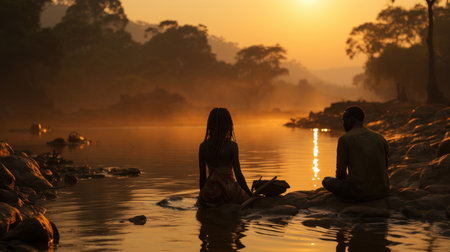 Silhouette of african man and a woman sitting on the bank of a river at sunrise Southern Africa.の素材