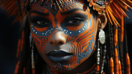 Close-up portrait of a beautiful African tribal woman with face art in Joal-fadiouth, Senegal, Africa.の素材