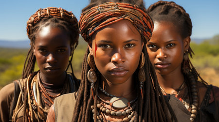 Three young women of the Hamer tribe in the wilderness of Africa.の素材