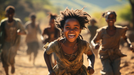 Portrait of happy african little girl playing and running with her friends in N'Djamena, Chad, Africa.の素材