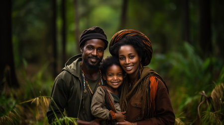 Portrait of a happy African family with a child in the forest Matemwe, Zanzibar.の素材