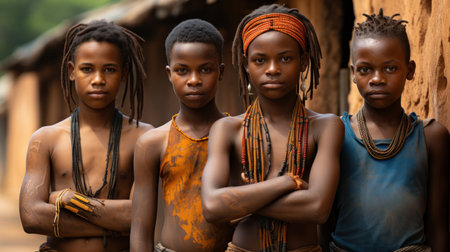 Group of african children with braids in the village of Masai Mara, Kenya.の素材