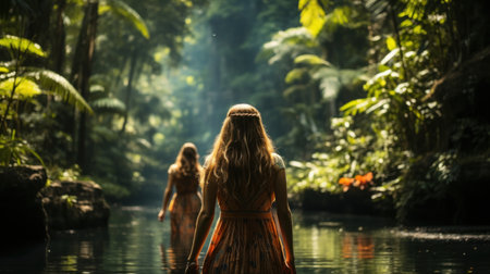 Two young woman with long hair in the tropical jungle in water. Bali island, Indonesiaの素材