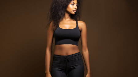 Beautiful african american woman in sportswear on brown background.の素材