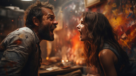 Man and woman are fighting and shouting each other. Husband and wife are arguing at home. Angry man is yelling at his wife.の素材