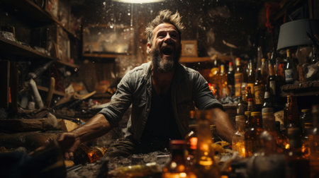 Delirium tremens. Jim jam drink man with alcohol addiction. Alcoholic concept.の素材