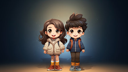 Two kids in winter clothes on the background of the night sky illustration.の素材