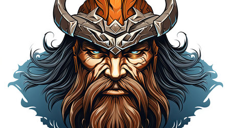 Vector illustration of angry viking warrior in helmet at white background.の素材