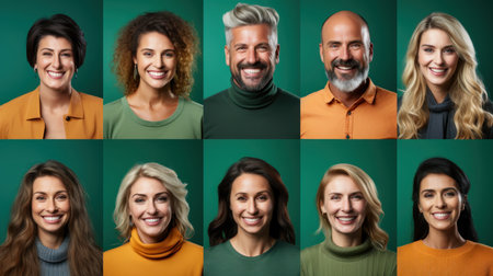 Portraits collage of beautiful happy women and men smiling and looking at camera over green background.の素材