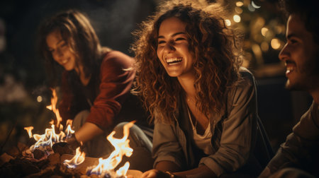 Group of friends having fun at a bonfire in the night.の素材