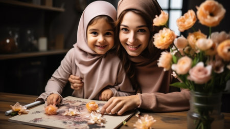 Happy muslim mother and daughter in hijab looking at camera and smiling, while sitting at home.の素材