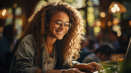 Portrait of a smiling young woman using tablet while sitting in a cafe.の素材
