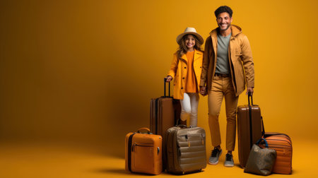 Full length of happy father and daughter with suitcases looking at camera on yellow background.の素材