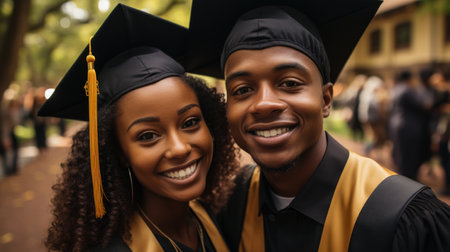Portrait of happy african american couple of students in graduation gowns.の素材