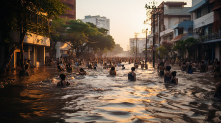 Unidentified people bathe in the river in Bangkok, Thailand.の素材
