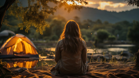 Young woman sitting in front of her tent and looking at the sunset.の素材