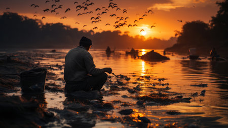 Fishermen fishing in golden light in Mekong River ,Thailand.の素材