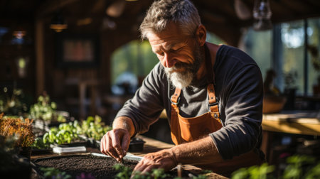 Senior male florist working in his flower shop, working with seedlings.の素材