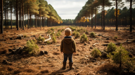 Ecological disaster of deforestation. Little boy walking in the pine forest in autumn time, back view.の素材