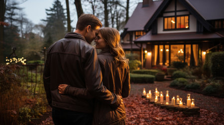 Young couple in love hugging and kissing in front of their new house in autumn forest.の素材