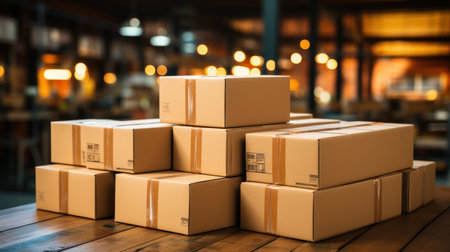 Boxes stacked on a wooden table in a warehouse.の素材