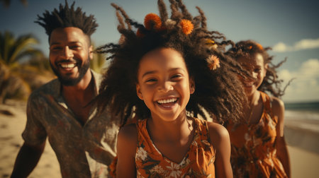 Happy african american man holding daughter's while running at beach.の素材