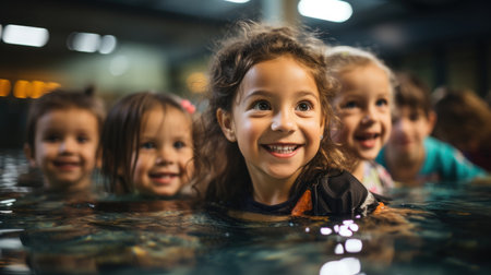 Portrait of smiling little girl in swimming pool with her friends in background. Children swimming group.の素材
